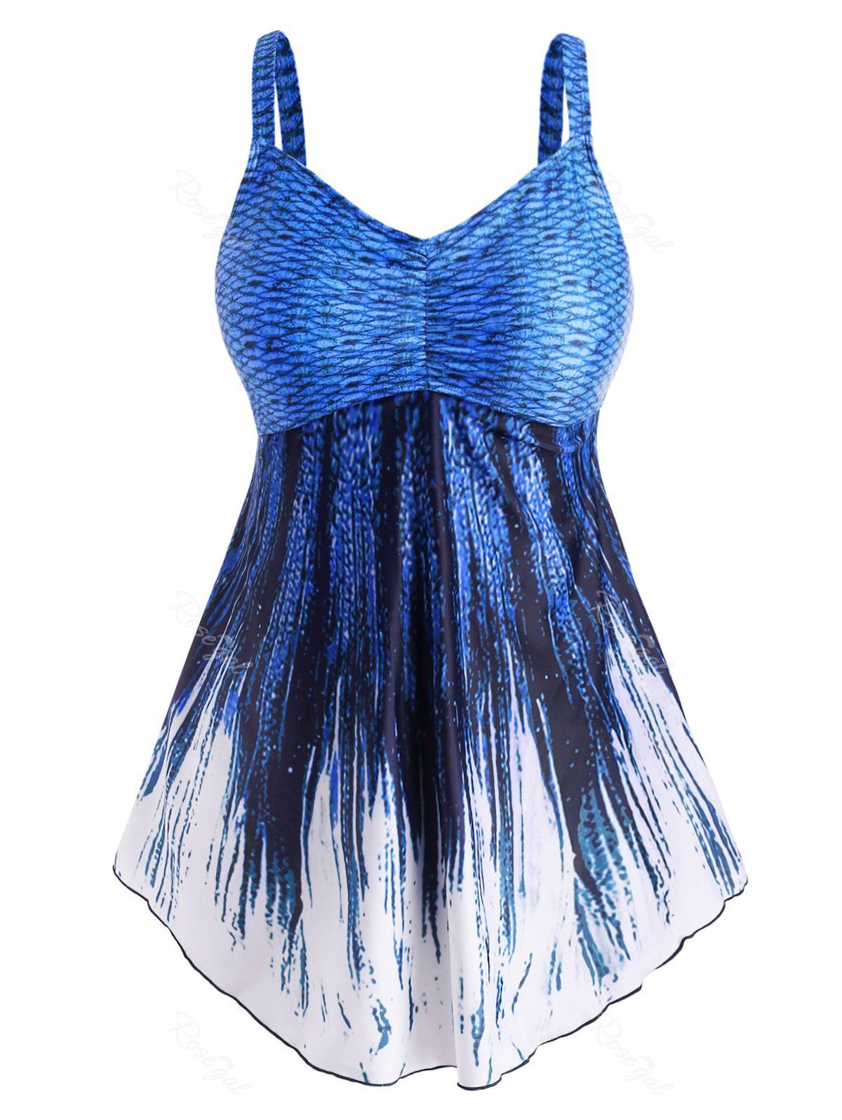 

Printed Gathered Skirted Plus Size Tankini Swimwear, Blue