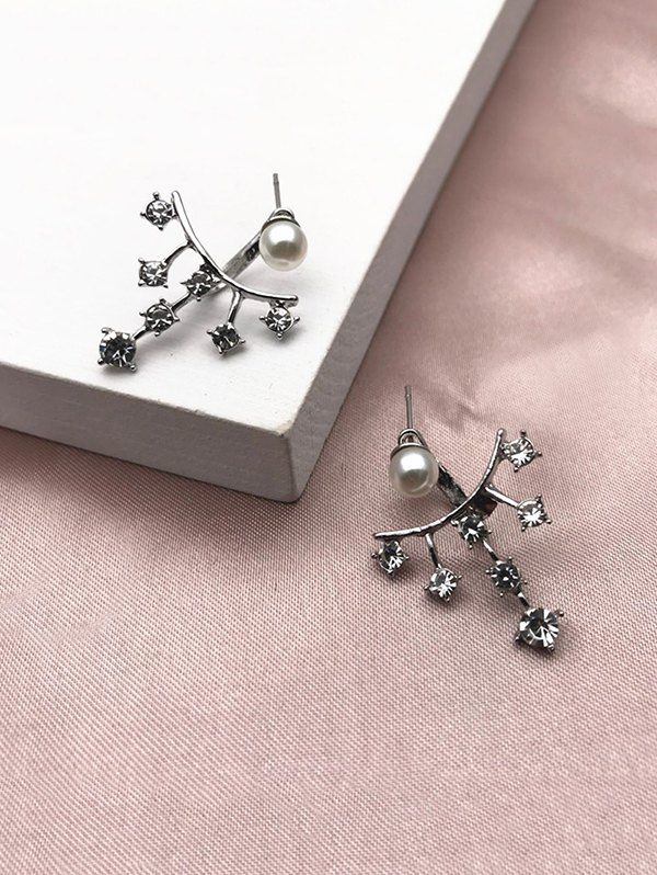 

Faux Pearl Rhinestone Branch Shape Jacket Earrings, Silver