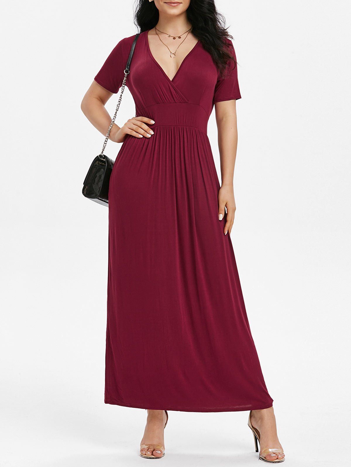 

Side Pockets Long Surplice Dress, Deep red