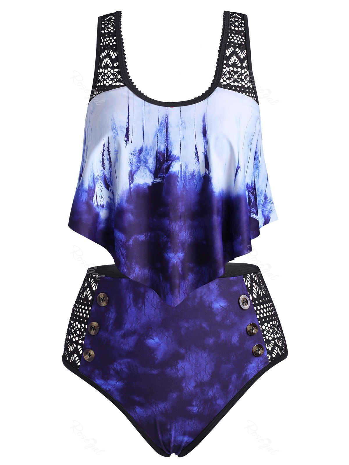 

Tie Dye Lace Panel Flounce High Rise Tankini Swimwear, Ocean blue
