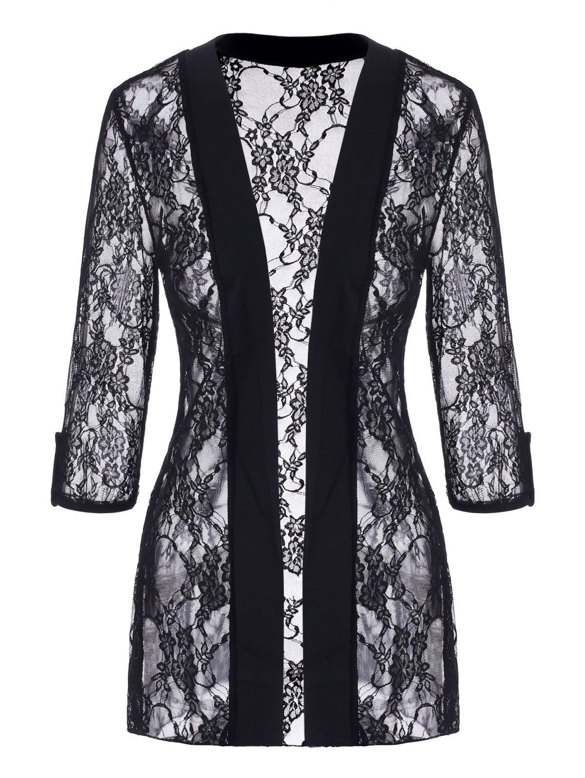 

Open Front Lace Solid Blouse, Black