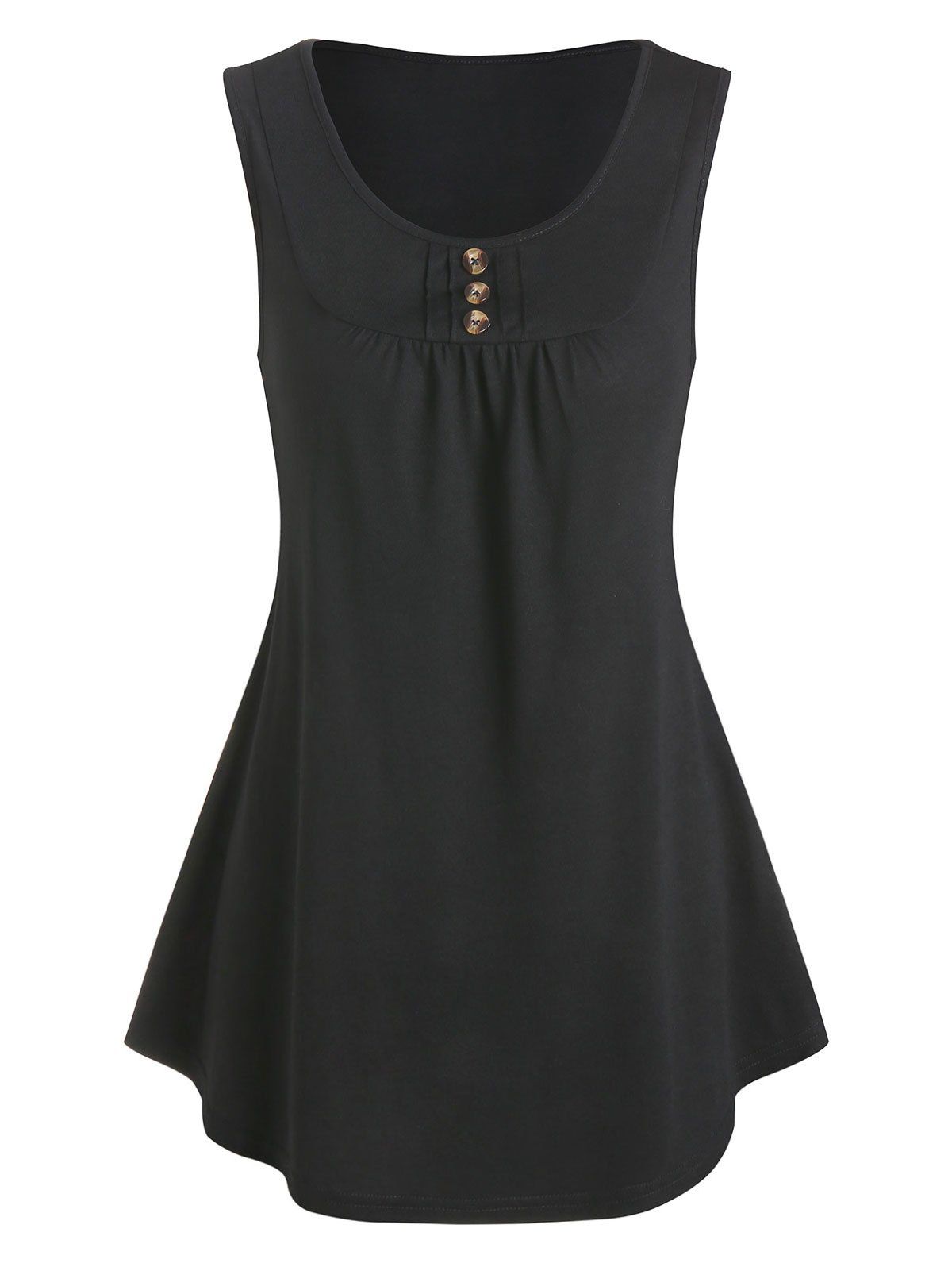 

Button Solid Round Neck Tank Top, Black