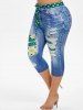 Legging Capri 3D Marguerite Imprimé Ceinturé de Grande Taille à Pois - Vert L