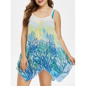 

Plus Size Tree Print Twisted Bikini Swimwear with Handkerchief Cover Up Top, Blue