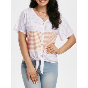 

Striped V Neck Knotted Raglan Sleeve Tee, Light orange