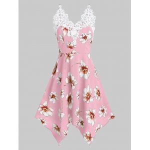 

Flower Print Lace Insert Sleeveless Handkerchief Dress, Pink