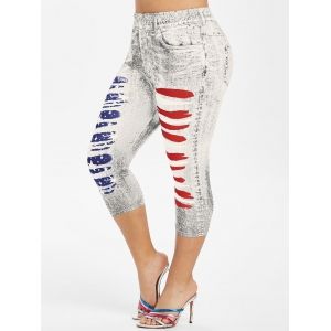 

Plus Size 3D Ripped Print American Flag Capri Jeggings, White