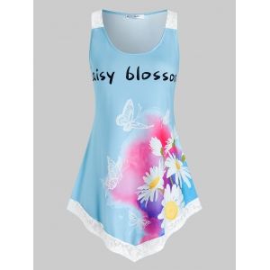 

Plus Size Butterfly Daisy Print Tie Dye Lace Hem Tank Top, Light sky blue