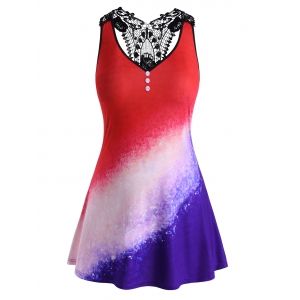 

Mock Buttons Galaxy Printed Lace Panel Plus Size Tank Top, Red