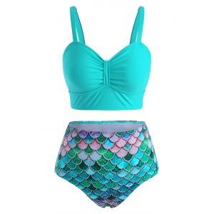 

Mermaid Scales Print Ruched High Waisted Tankini Swimwear, Green