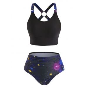

Planet Galaxy High Waisted Criss Cross Tankini Swimwear, Black
