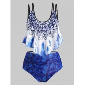 

Plus Size Ruffle Tie Dye Tankini Swimwear, Deep blue