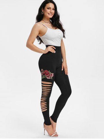 

Flower Embroidered High Waisted Ripped Pants, Black