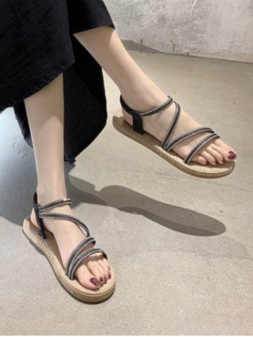 

Open Toe Rhinestone Ankle Strap Flat Sandals, Black