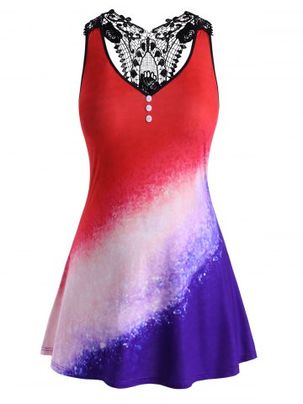 Mock Buttons Galaxy Printed Lace Panel Plus Size Tank Top