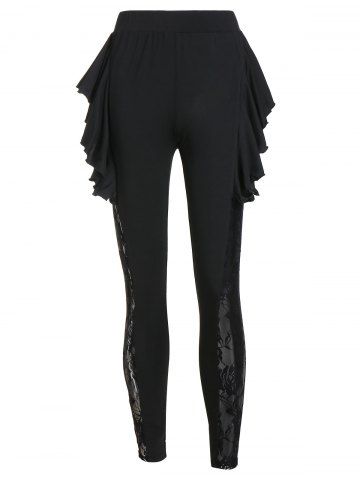 

Flower Lace Insert Skinny Flounced Leggings, Black