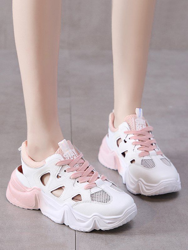 

Lace Up Mesh Panel Hollow Sport Sandals, Light pink