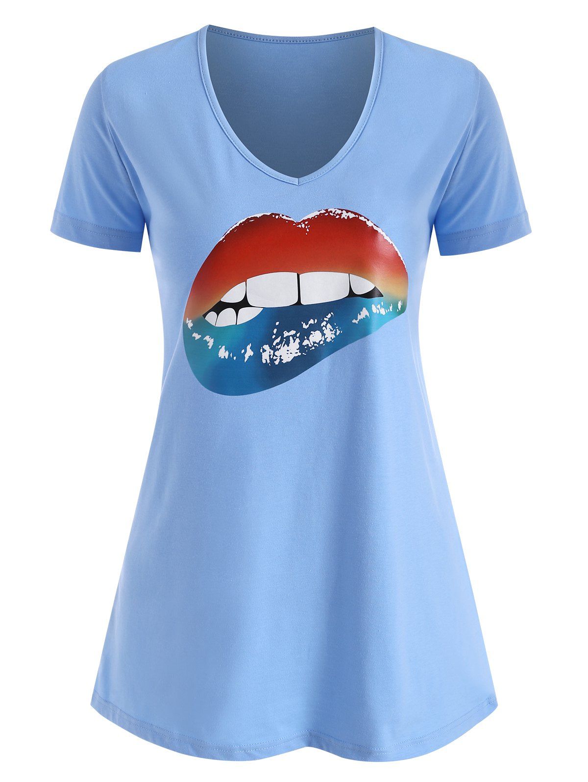 

V Neck Lips Graphic Plus Size Tee, Blue