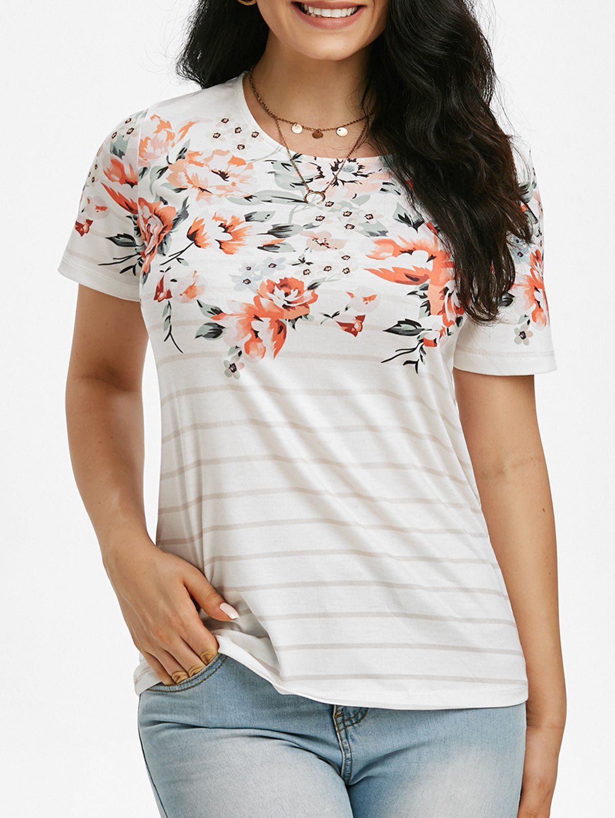 

Striped Floral Print Short Sleeve T-shirt, White