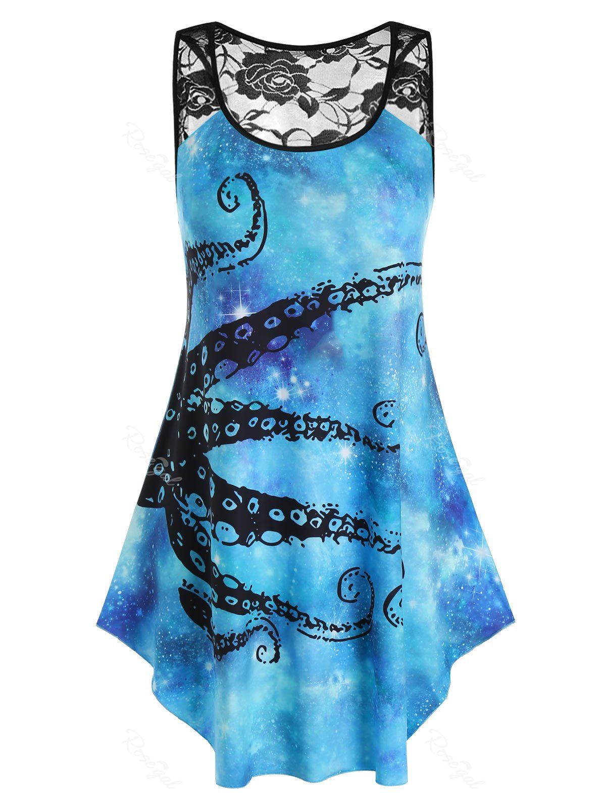 

Plus Size Octopus Print Lace Panel Sheer Racerback Tunic Tank Top, Light blue