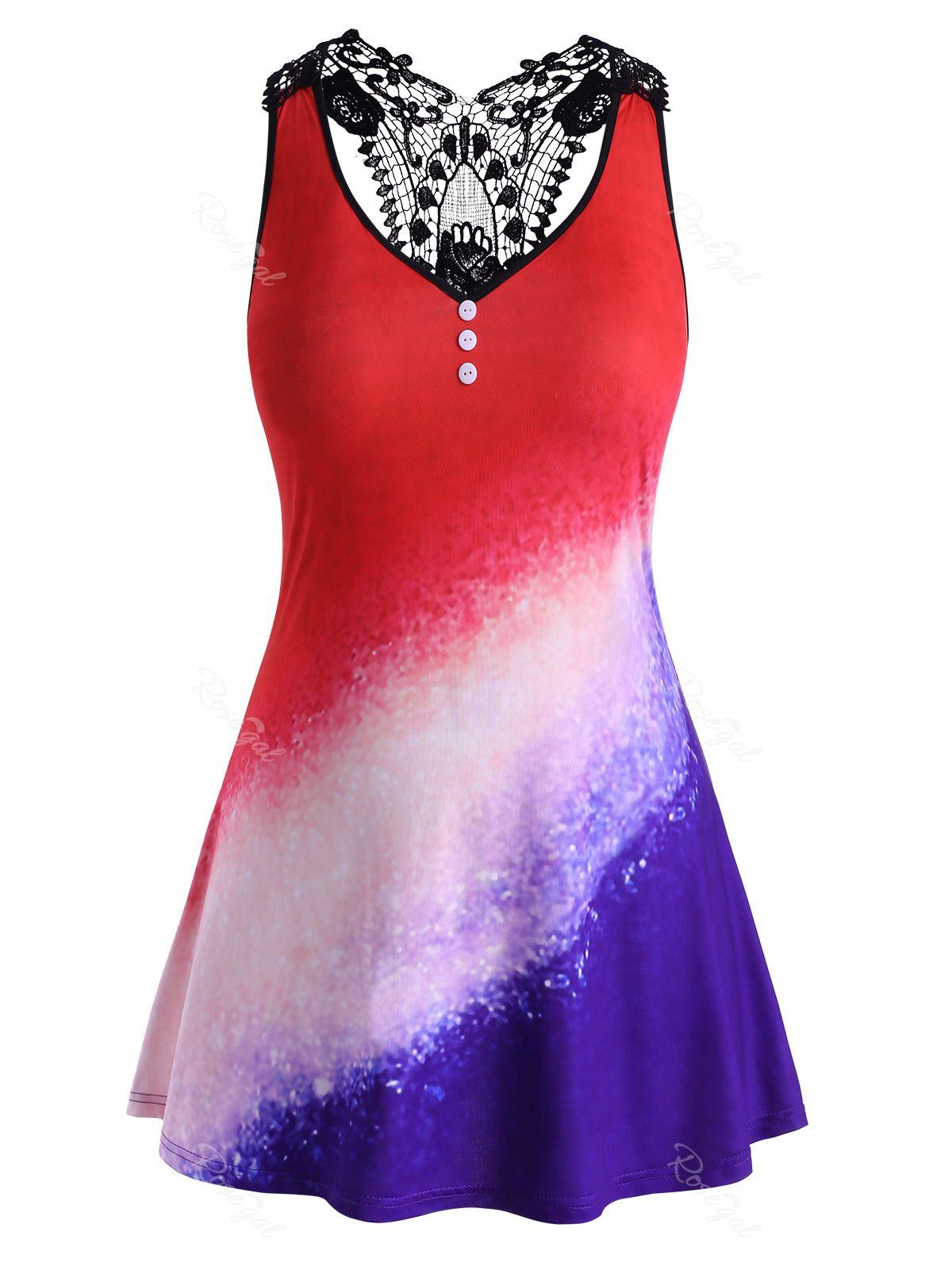 Hot Mock Buttons Galaxy Printed Lace Panel Plus Size Tank Top  