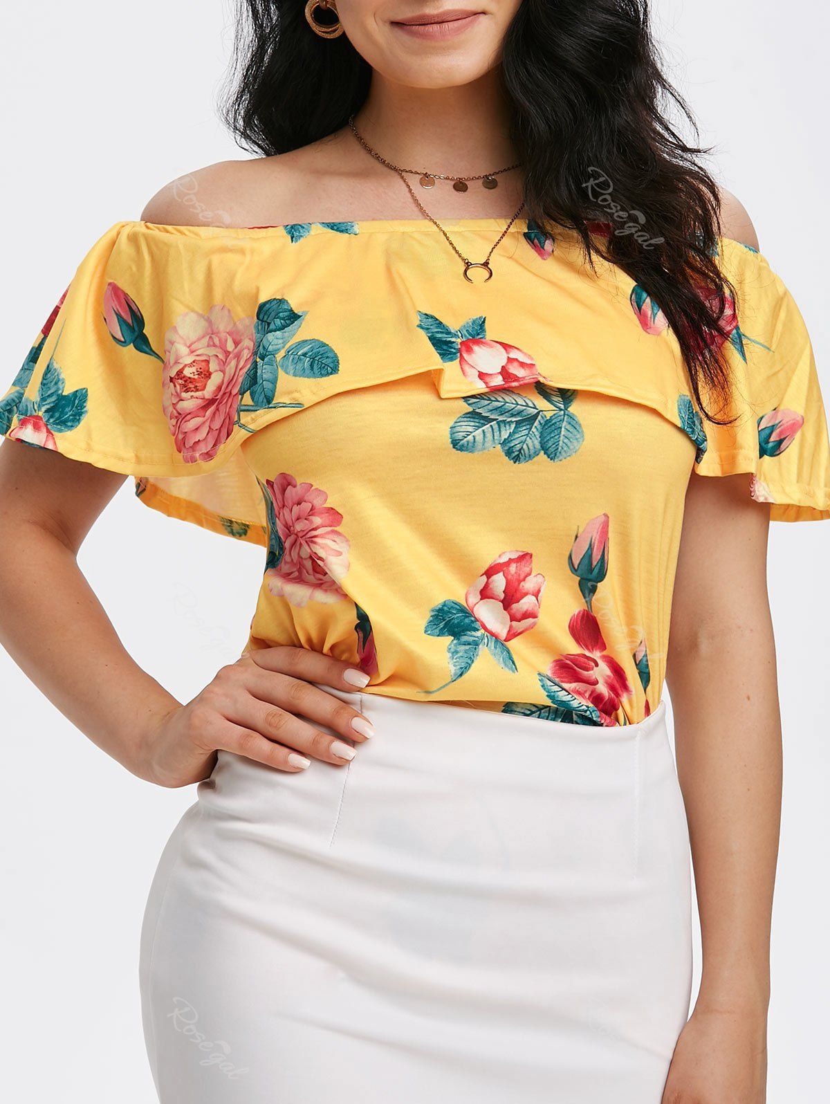 

Off Shoulder Floral Overlay Flounces Top, Bright yellow