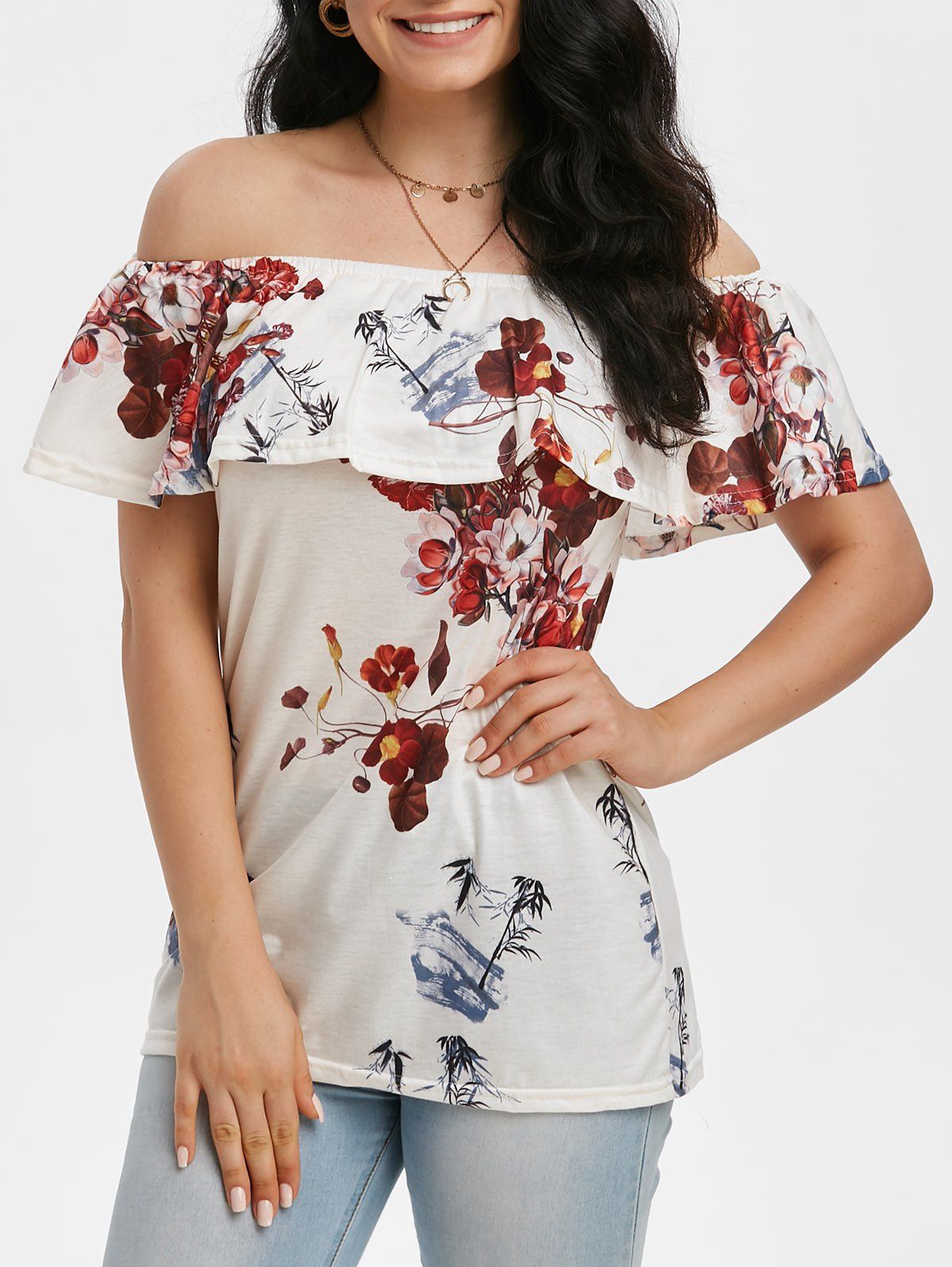 

Off Shoulder Floral Overlay Flounces Top, Beige