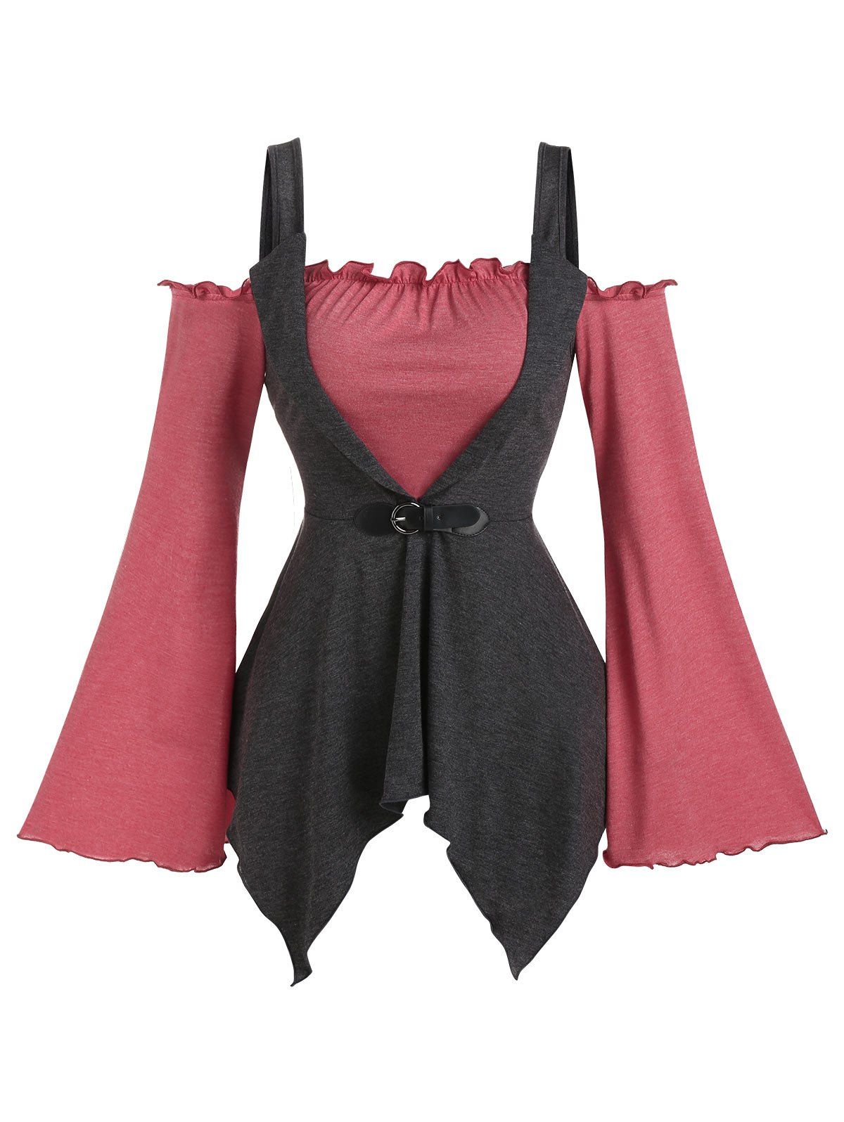 

Contrast Color Cold Shoulder Buckled Asymmetrical T Shirt, Dark gray
