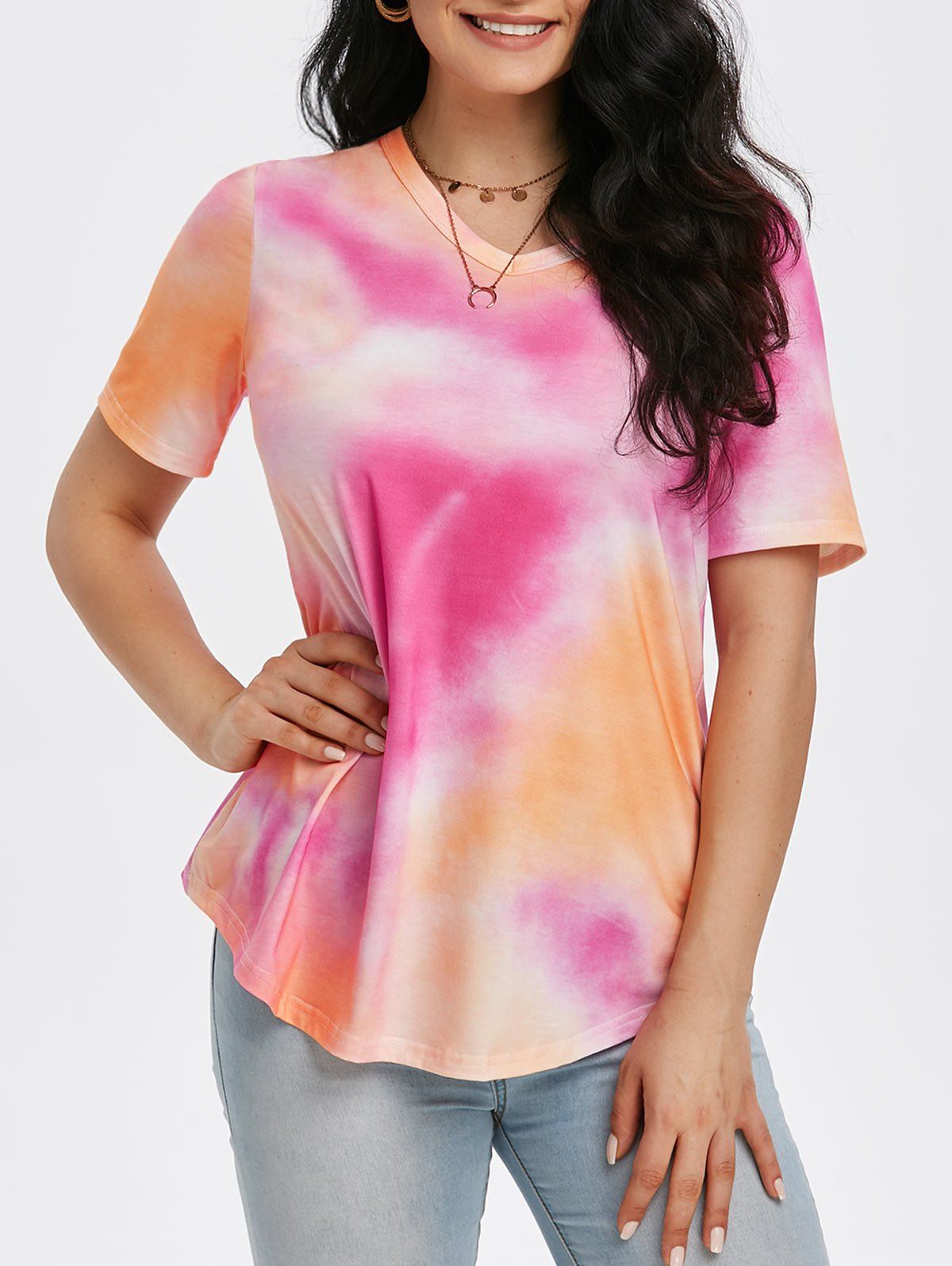 

V Neck Tie Dye Tunic T-shirt, Light purple