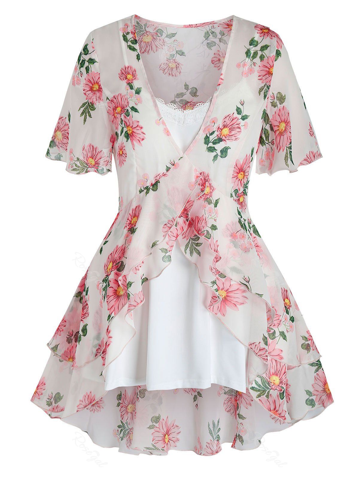 

Plus Size Flower Print Flounce Blouse and Cami Top Set, White