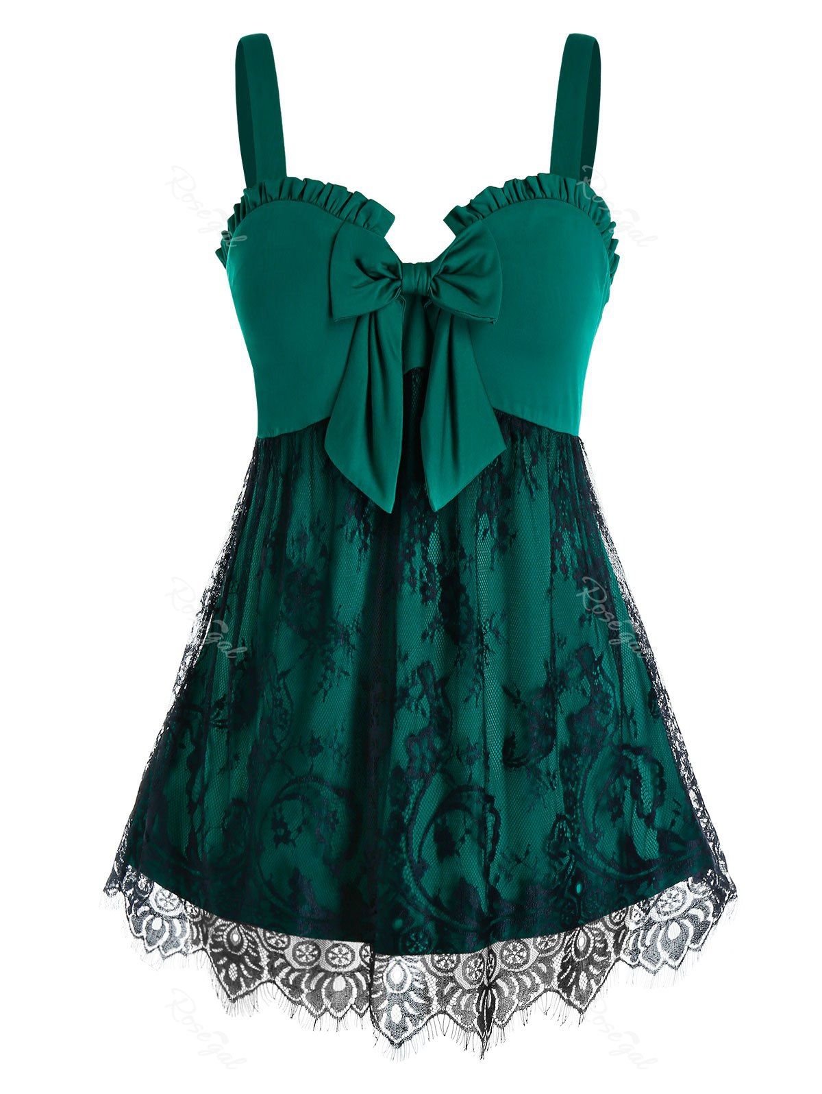 

Plus Size Ruffled Lace Overlay Bowknot Tank Top, Greenish blue