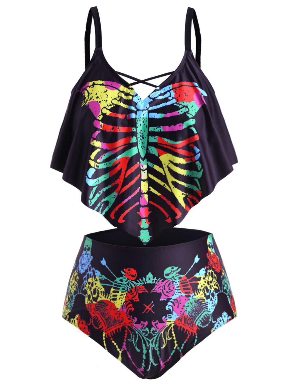 

Flounces Skull Skeleton Halloween Plus Size Tankini Swimwear, Black