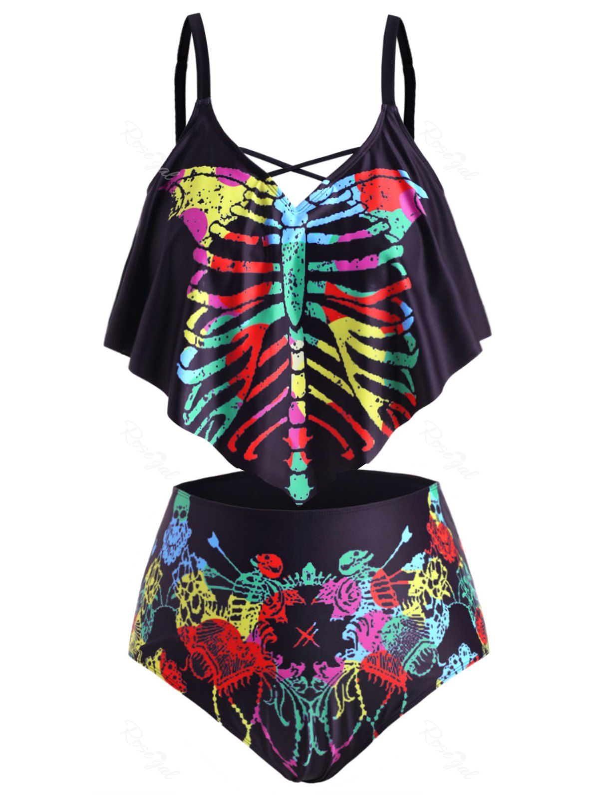 

Flounces Skull Skeleton Halloween Plus Size Tankini Swimwear, Black