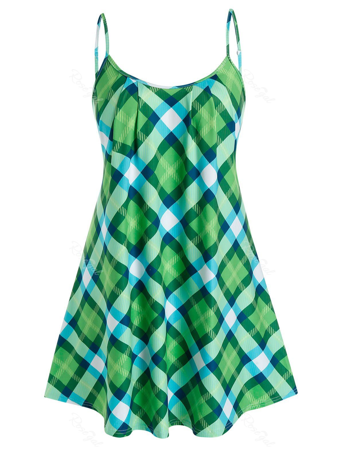

Plus Size Plaid Adjusted Strap Backless Tunic Cami Top, Green