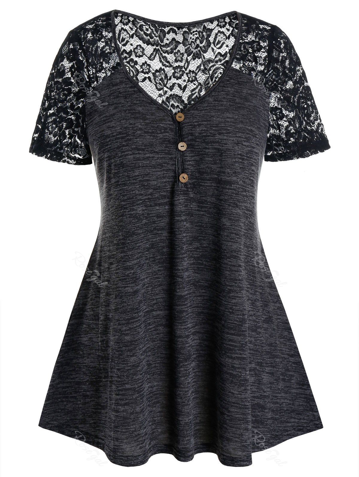 

Plus Size A Line Lace Panel T-shirt, Black