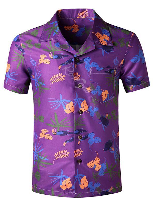 

Tropical Leaf Printed Pocket Beach Shirt, Multi-a
