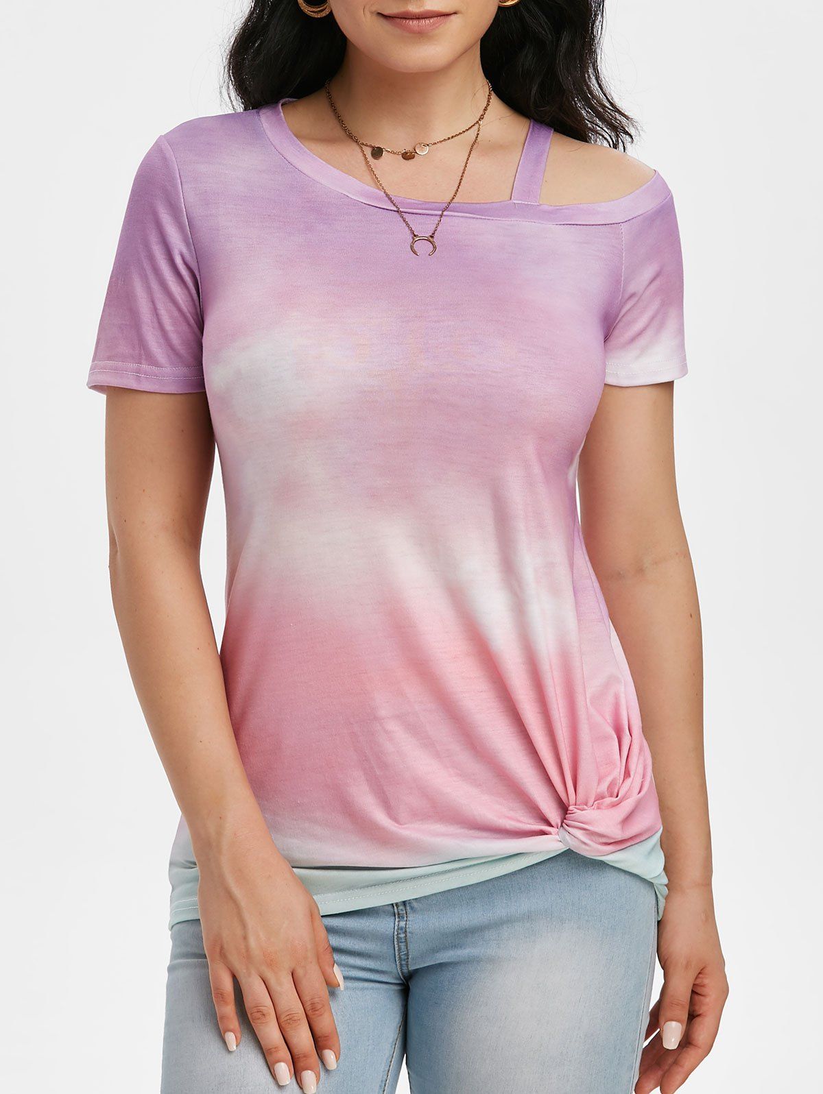 

Tie Dye Skew Neck Twisted Hem T-shirt, Light purple