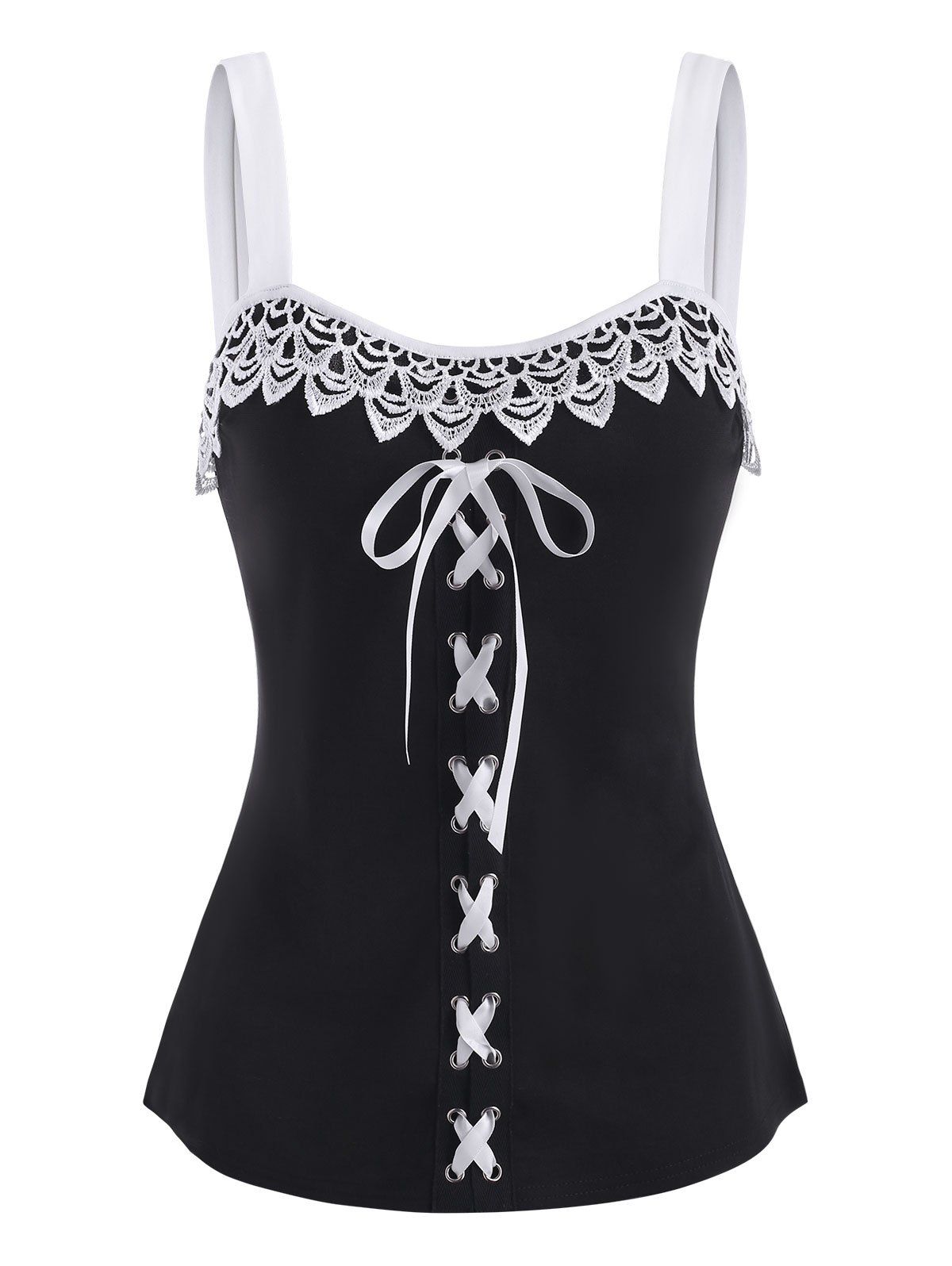 

Lace Panel Grommet Lace-up Two Tone Tank Top, Black