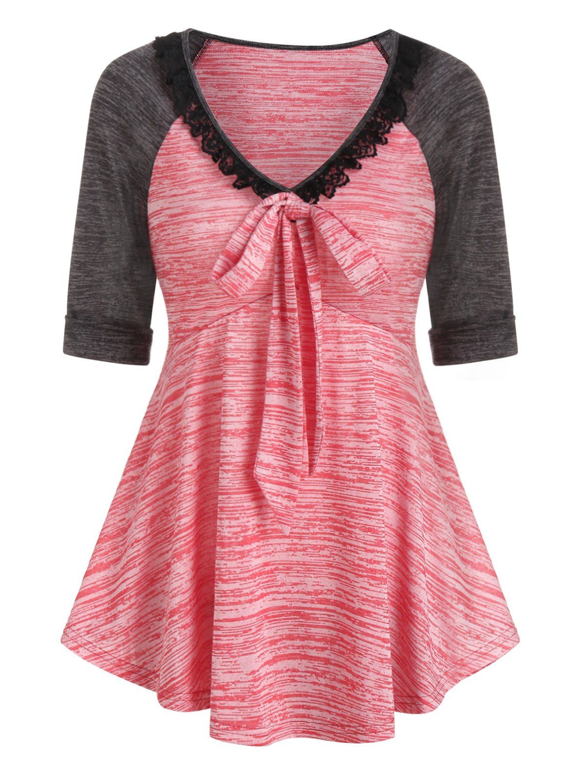 

Contrast Space Dye Print Lace Insert Bowknot T-shirt, Valentine red