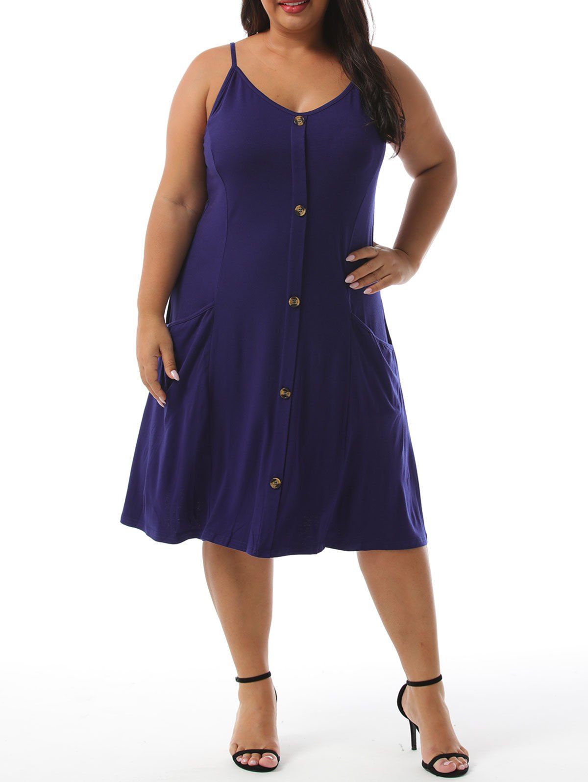 

Dual Pocket Mock Buttons Plus Size Cami Dress, Blue