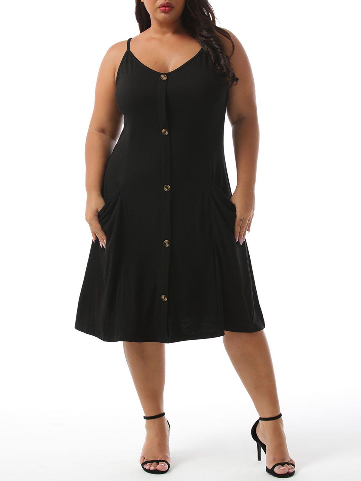 

Dual Pocket Mock Buttons Plus Size Cami Dress, Black