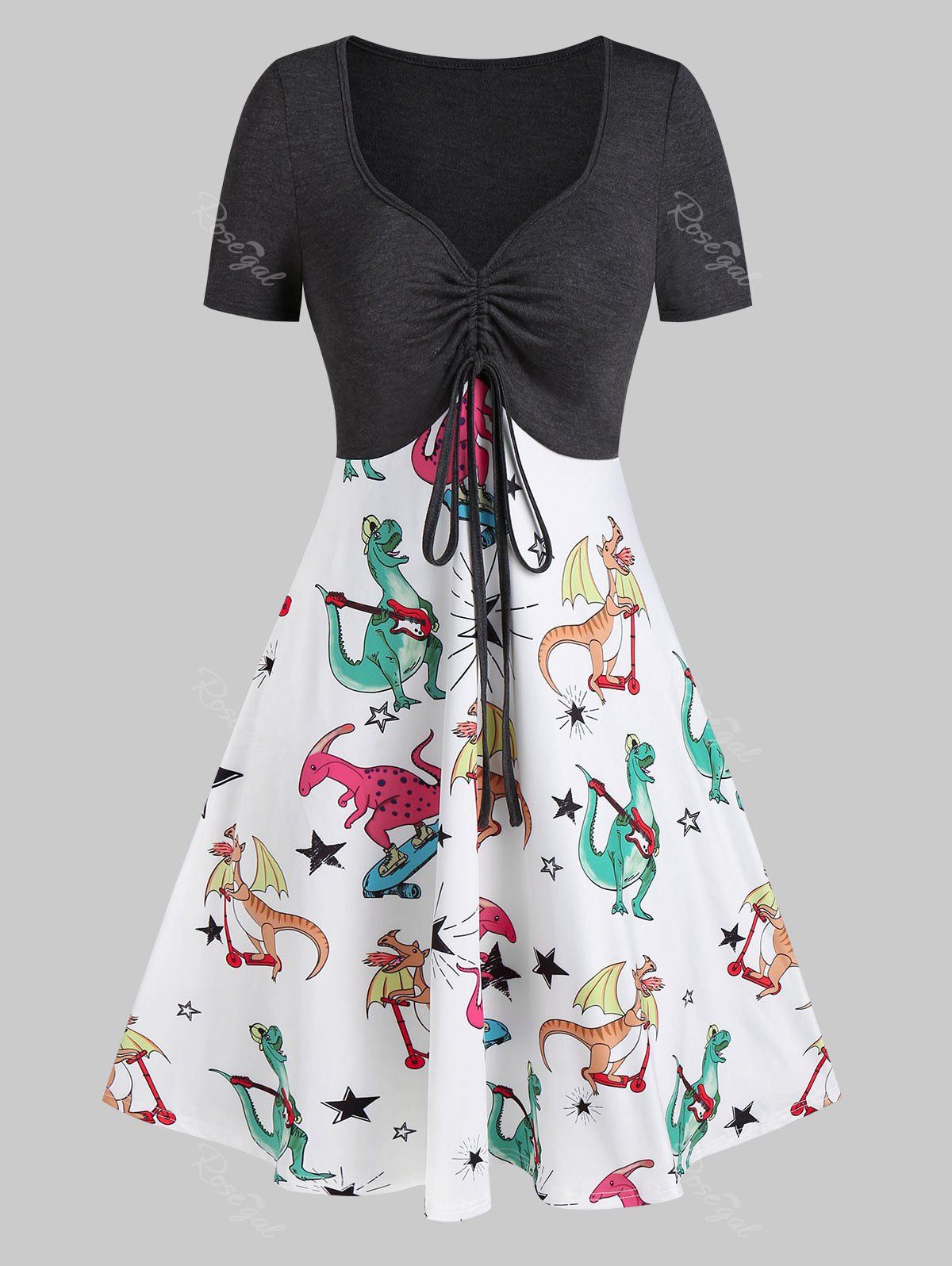 

Plunging Neck Dinosaur Print Drawstring Mini A Line Dress, White