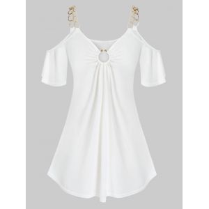 

Plus Size O Ring Open Shoulder Chains T Shirt, White