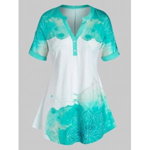 

Plus Size Lotus Print Roll Up Sleeve T Shirt, Light green