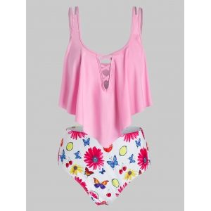 

Plus Size Flower Butterfly Lattice High Waisted Tankini Swimwear, Light pink