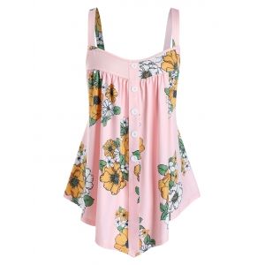 

Plus Size Flower Print Backless Buttoned Tunic Tank Top, Light pink