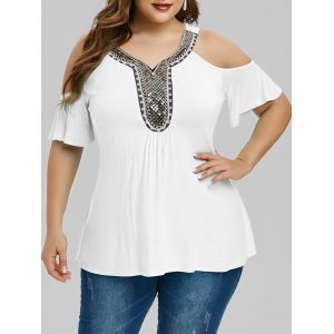 

Plus Size Ethnic Sparkling Cold Shoulder Top, White