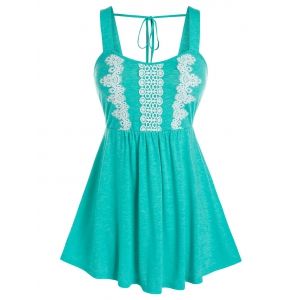 

Plus Size Applique Lace Up Back Tank Top, Sea green