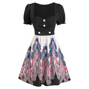 Paisley Printed Puff Sleeve A Line Dress, Black