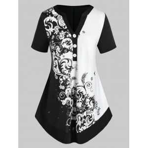 

Plus Size Leaves Print Button V Neck T-shirt, Black